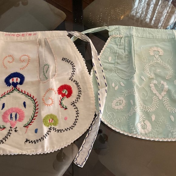 Two Mid Century Hand Embroidered Kitchen Aprons - Picture 1 of 11